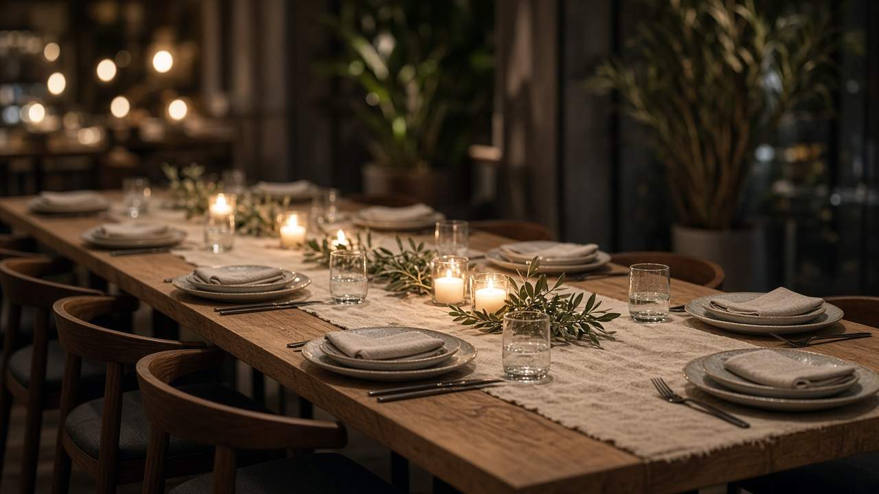 Longue table en bois dressée pour un dîner privé, avec bougies, verres d'eau et feuillage.