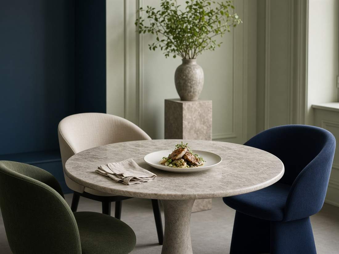 Table ronde en pierre, assiette dressée et fauteuils dans la salle de MenuEye Cafe.
